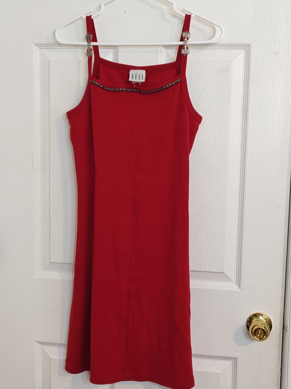 Vintage 90s Red Mini Shift Dress Square Neck Hardware Straps Size M
